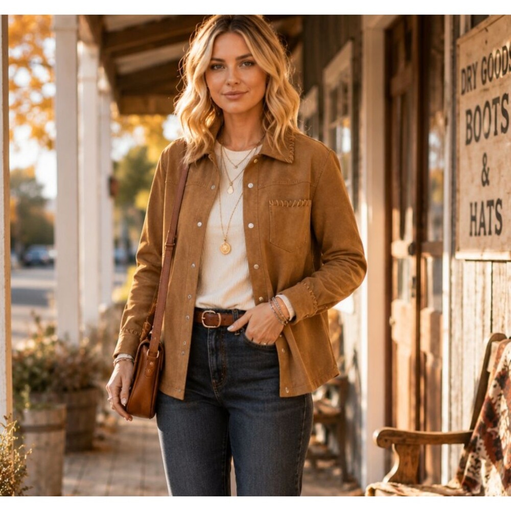 NWT Western Faux Suede Shacket Pearl Snap Camel Bagatelle Whipstitch XS